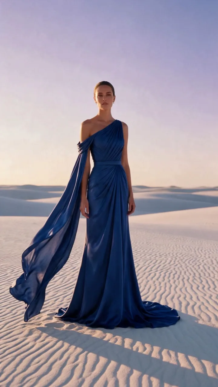 A still from the fashion film made from the navy gown image, in the desert