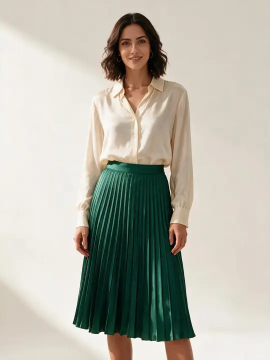emerald pleated skirt with cream blouse