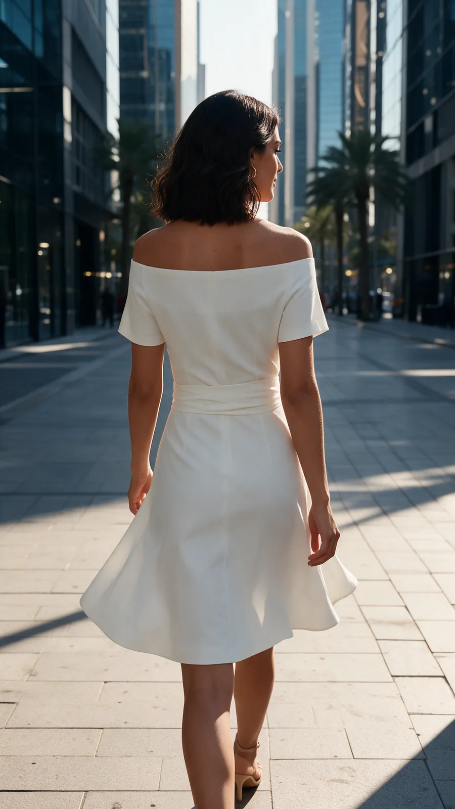 Back-turn photoshoot frame of the white off-shoulder wrap dress