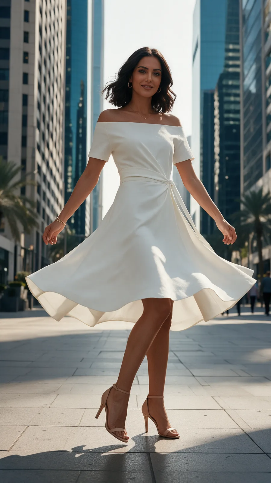 Moving hem photoshoot frame of the white off-shoulder wrap dress