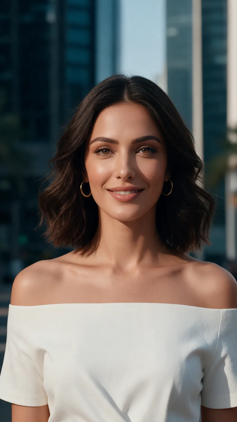 Street portrait frame of the model wearing the white off-shoulder wrap dress