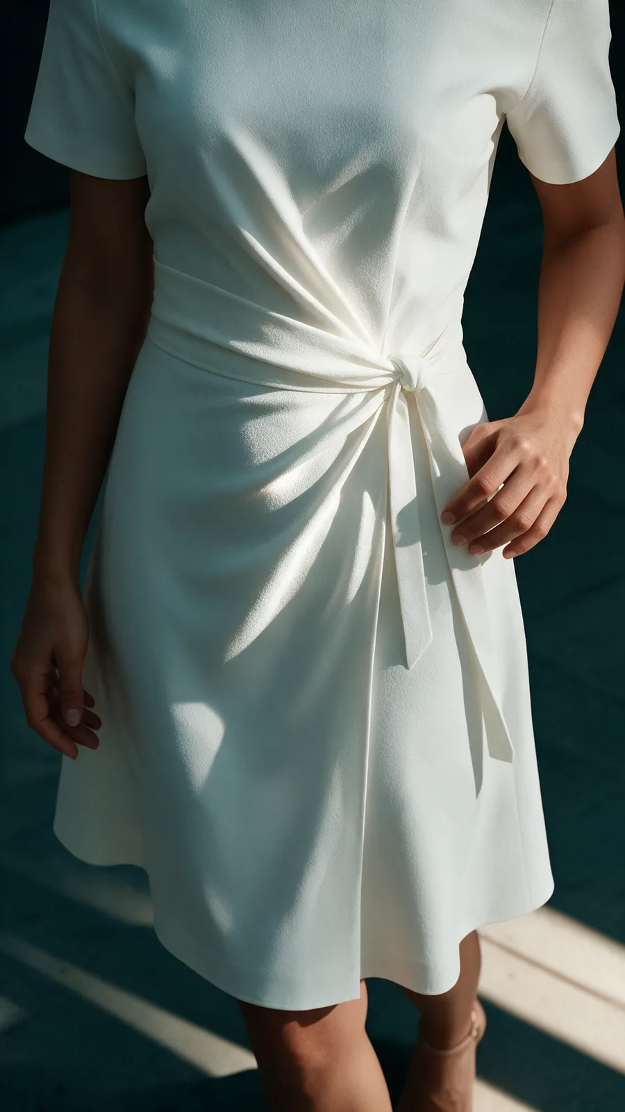 Waist-detail photoshoot frame showing the white wrap dress