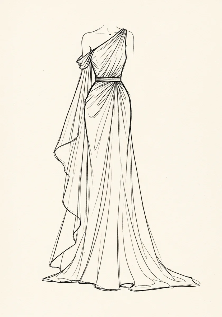 Pencil reference sketch of an asymmetric, draped evening gown