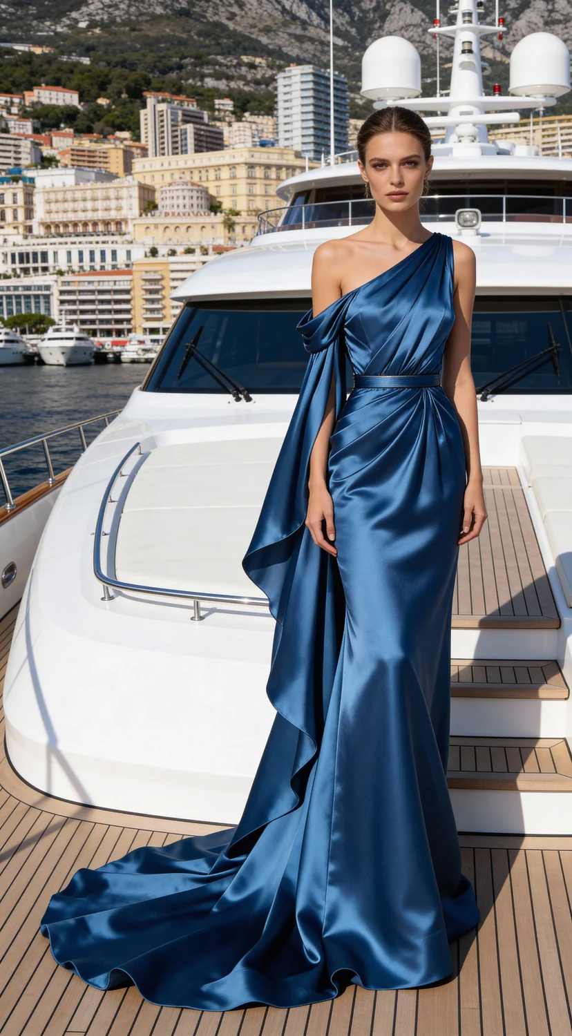 AI-generated model wearing a navy satin gown on a yacht